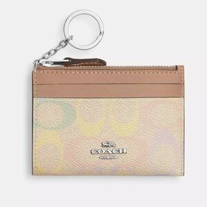 Coach Pastel Signature Card Case Key Ring - Pink Tan